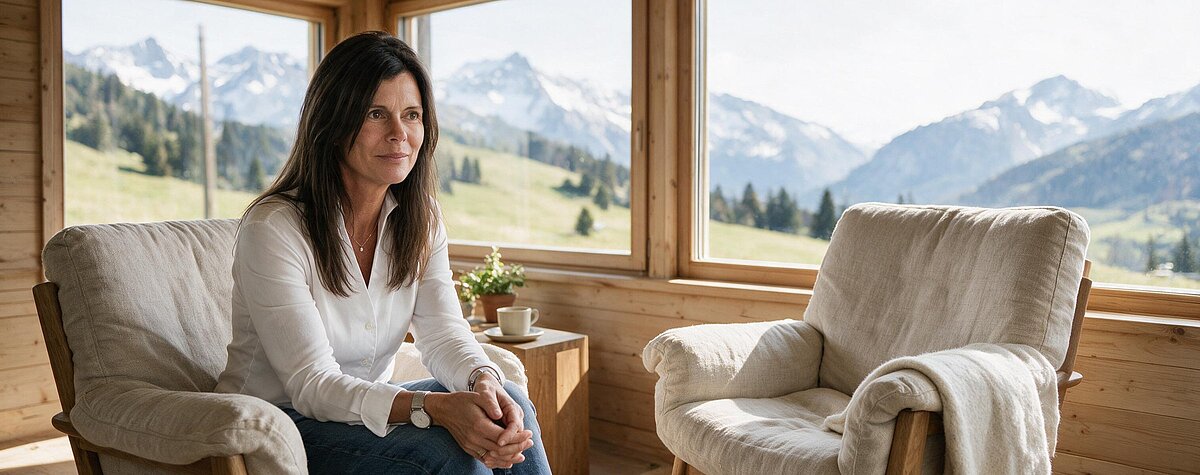 Diana Nickel im Sessel ihres Coachingraums mit Blick auf die Berge